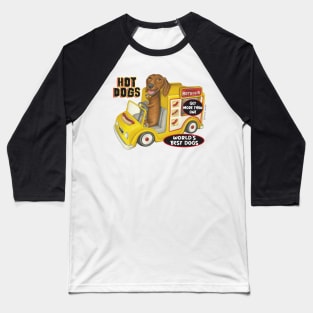 fun cute awesome Doxie Dachshund in Yellow Hotdog Truck Baseball T-Shirt